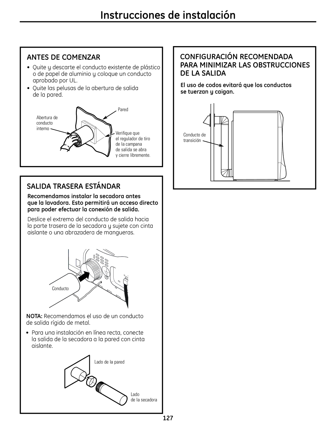 GE UPVH890 installation instructions Antes DE Comenzar, Salida Trasera Estándar 