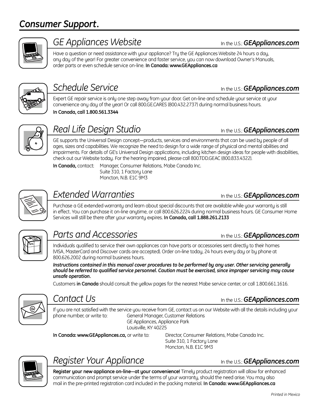 GE UPVH890 installation instructions Consumer Support, Schedule Service 