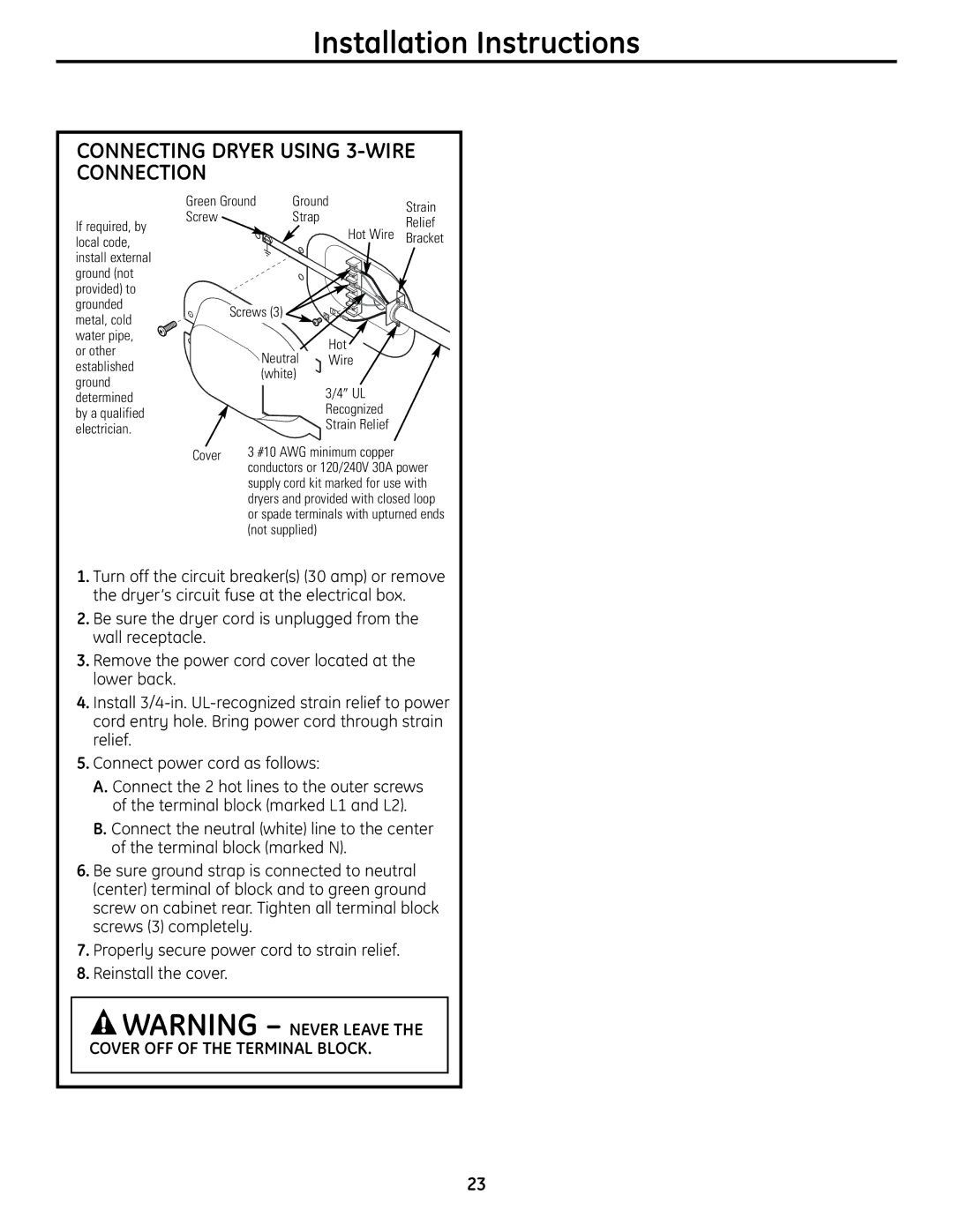 GE UPVH890 installation instructions Connecting Dryer Using 3-WIRE Connection, Cover #10 AWG minimum copper 