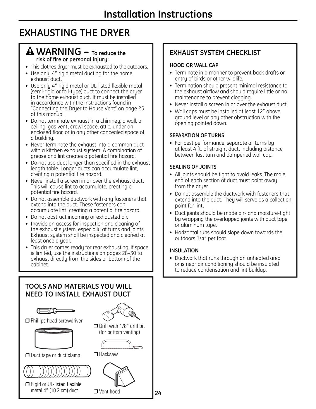 GE UPVH890 Exhausting the Dryer, Exhaust System Checklist, Tools and Materials YOU will Need to Install Exhaust Duct 