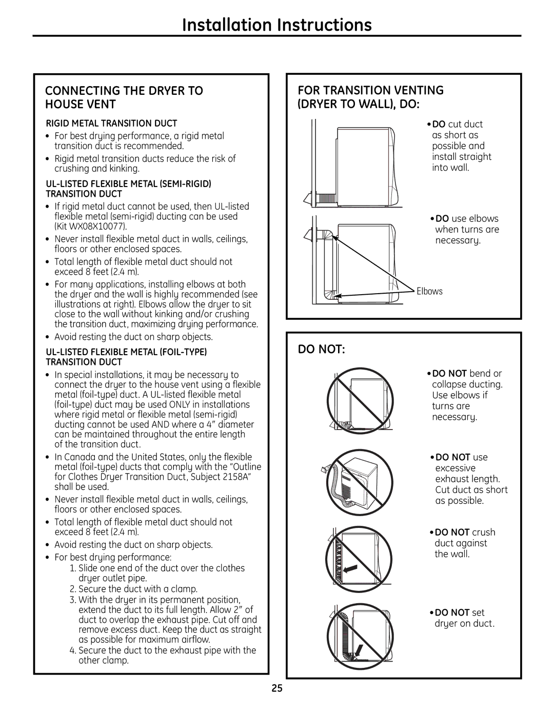 GE UPVH890 installation instructions Connecting the Dryer to House Vent, Do not, For Transition Venting Dryer to WALL, do 