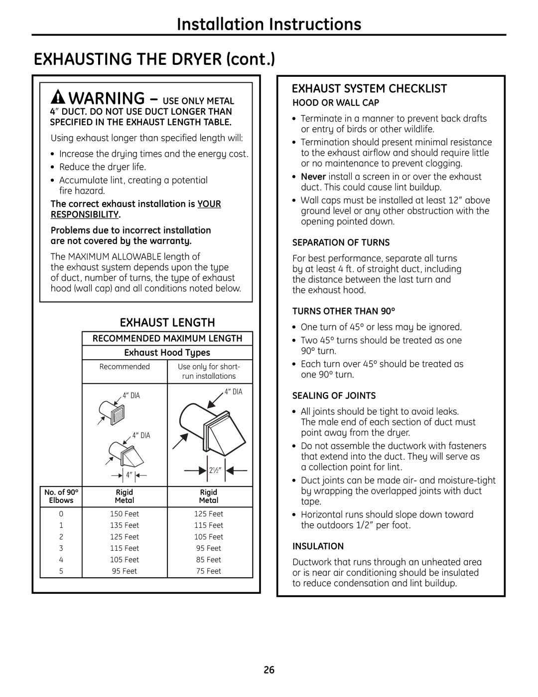 GE UPVH890 installation instructions Exhaust Length, Responsibility, Recommended Maximum Length 