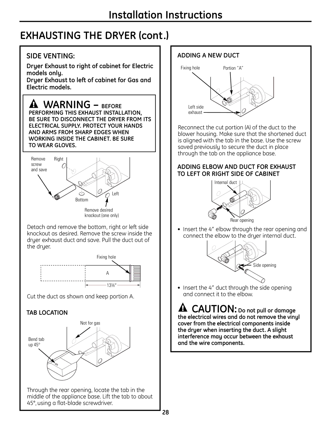 GE UPVH890 Installation Instructions Exhausting the Dryer, Side Venting, TAB Location, Adding a NEW Duct, To Wear Gloves 