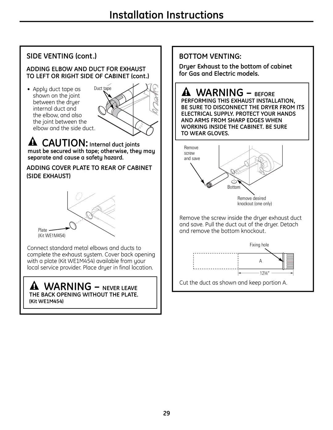 GE UPVH890 installation instructions Bottom Venting, Adding Cover Plate to Rear of Cabinet Side Exhaust 