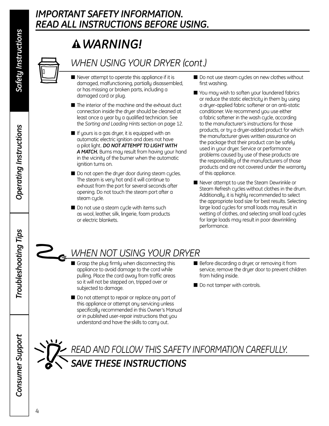 GE UPVH890 installation instructions When not Using Your Dryer 