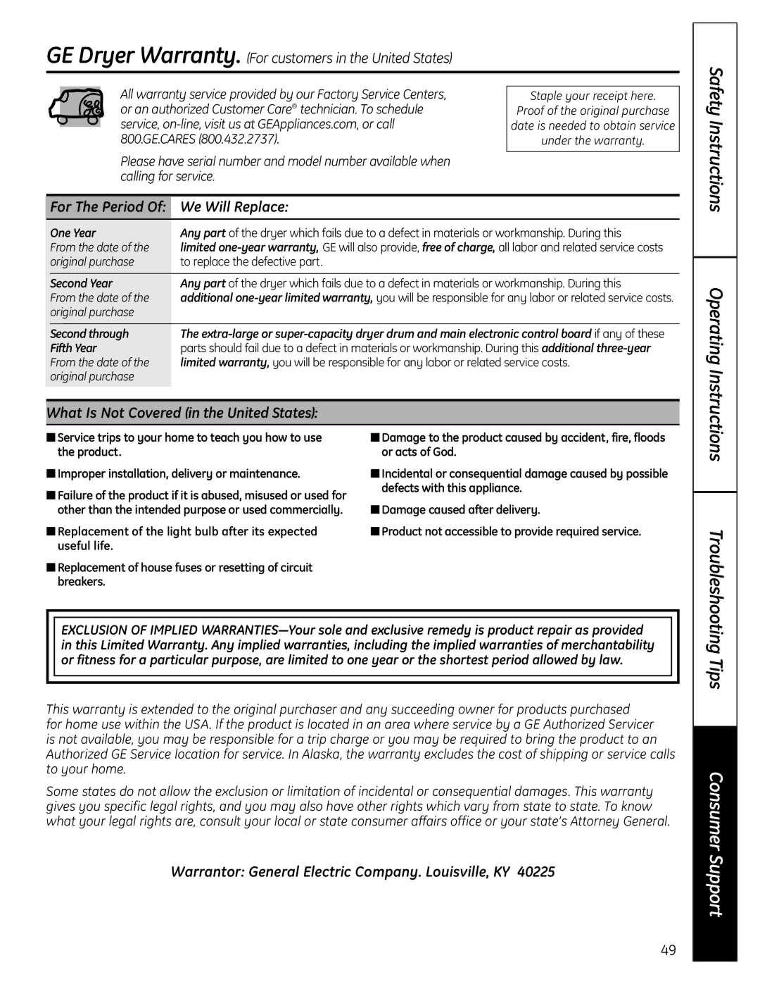 GE UPVH890 installation instructions For The Period We Will Replace, Warrantor General Electric Company. Louisville, KY 