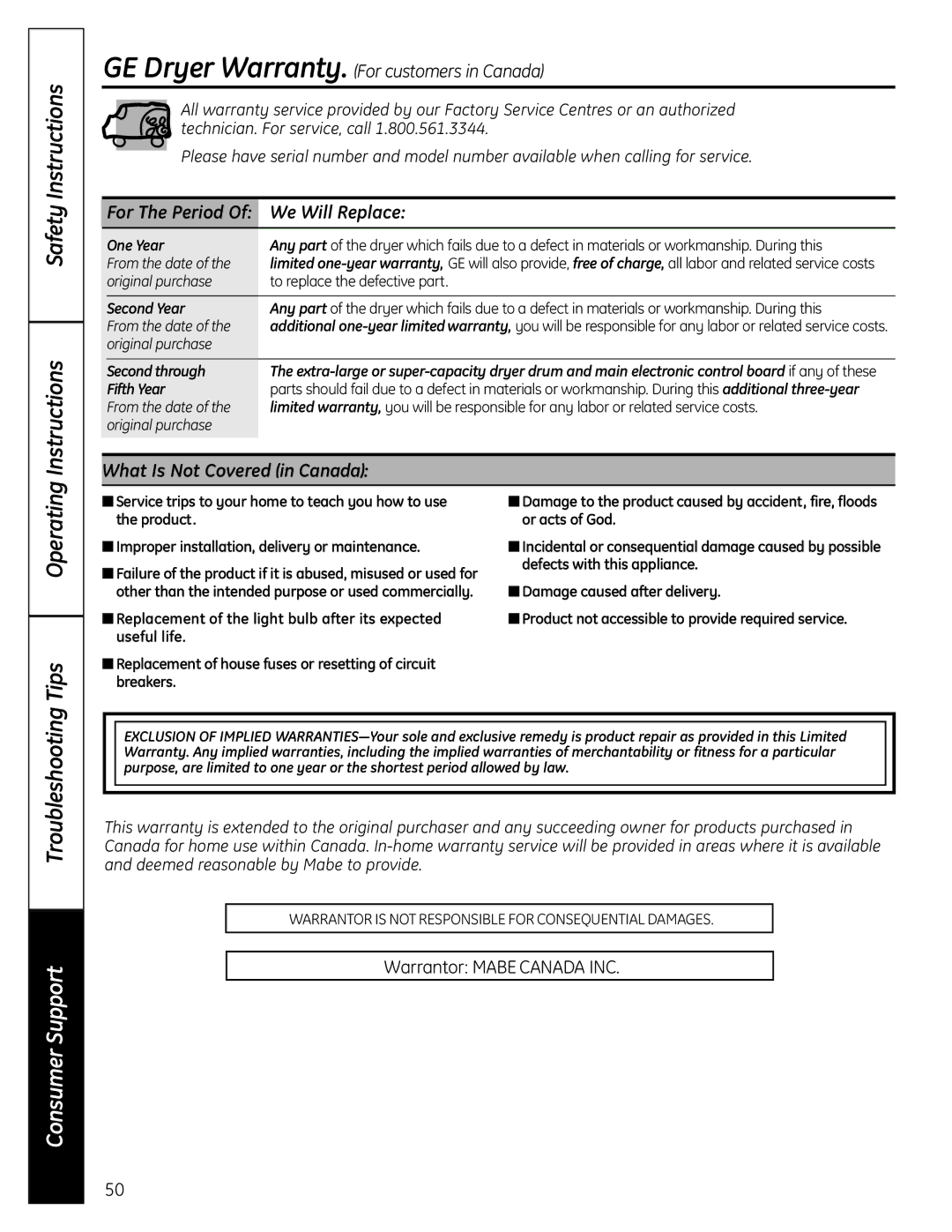 GE UPVH890 installation instructions GE Dryer Warranty. For customers in Canada, What Is Not Covered in Canada 