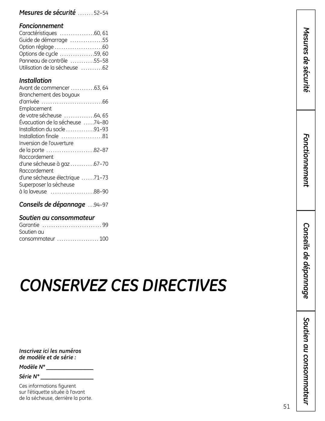 GE UPVH890 installation instructions Conservez CES Directives 