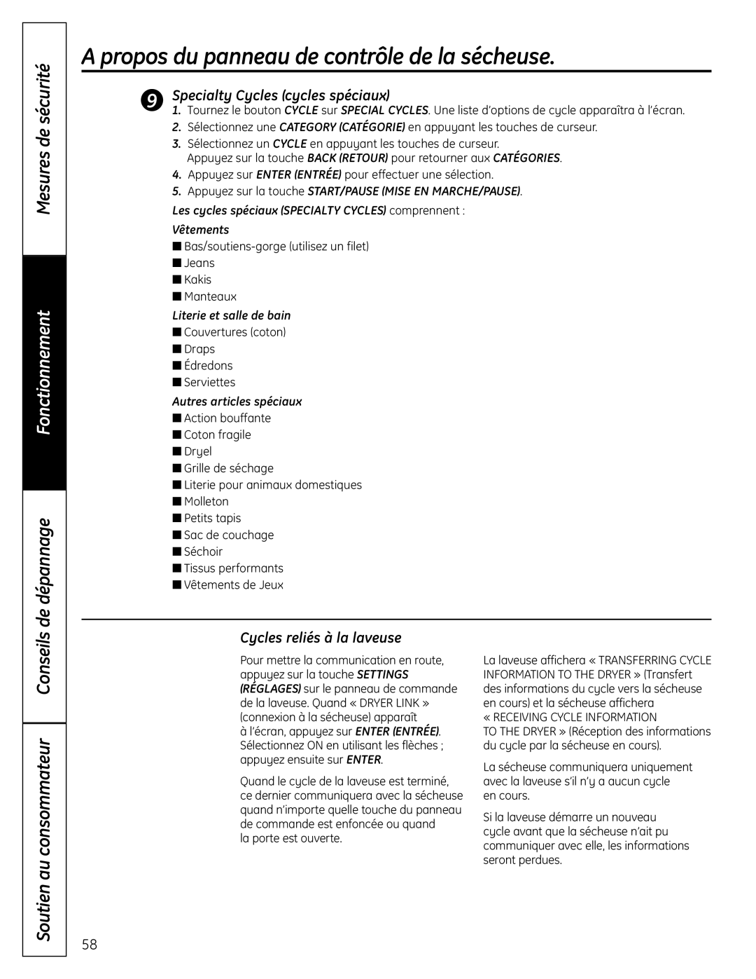 GE UPVH890 installation instructions Specialty Cycles cycles spéciaux, Cycles reliés à la laveuse, Vêtements 