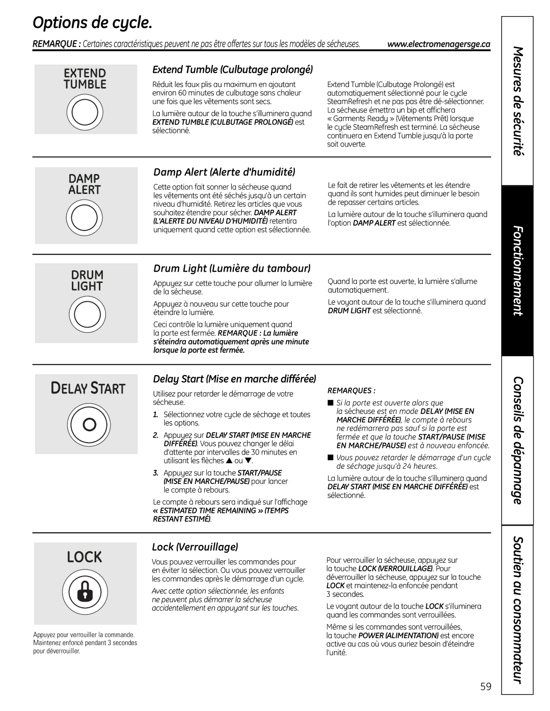 GE UPVH890 installation instructions Options de cycle 