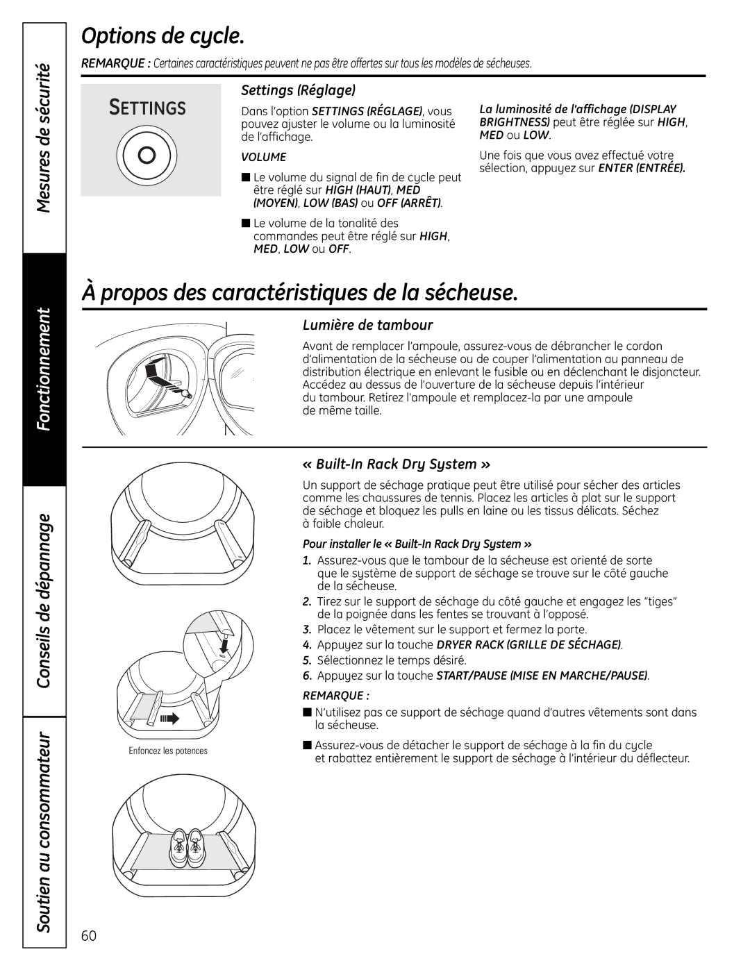 GE UPVH890 Propos des caractéristiques de la sécheuse, Settings Réglage, Lumière de tambour, « Built-In Rack Dry System » 