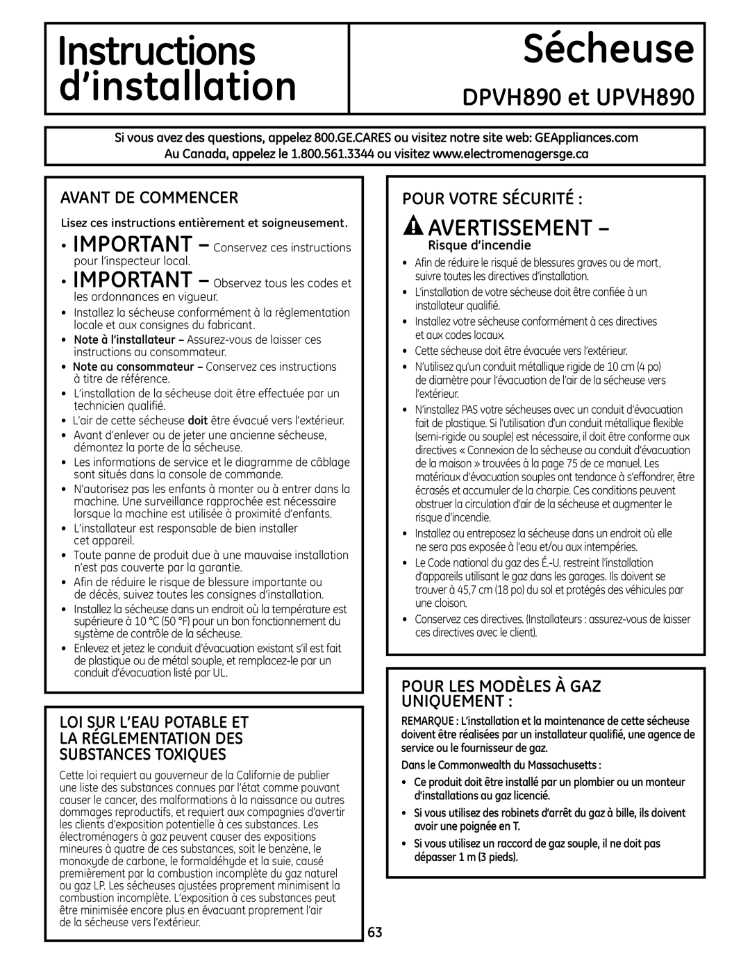 GE DPVH890 et UPVH890, Avant DE Commencer, Pour Votre Sécurité, Pour LES Modèles À GAZ Uniquement, Risque d’incendie 