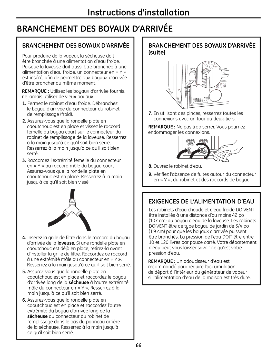 GE UPVH890 installation instructions Branchement DES Boyaux D’ARRIVÉE 