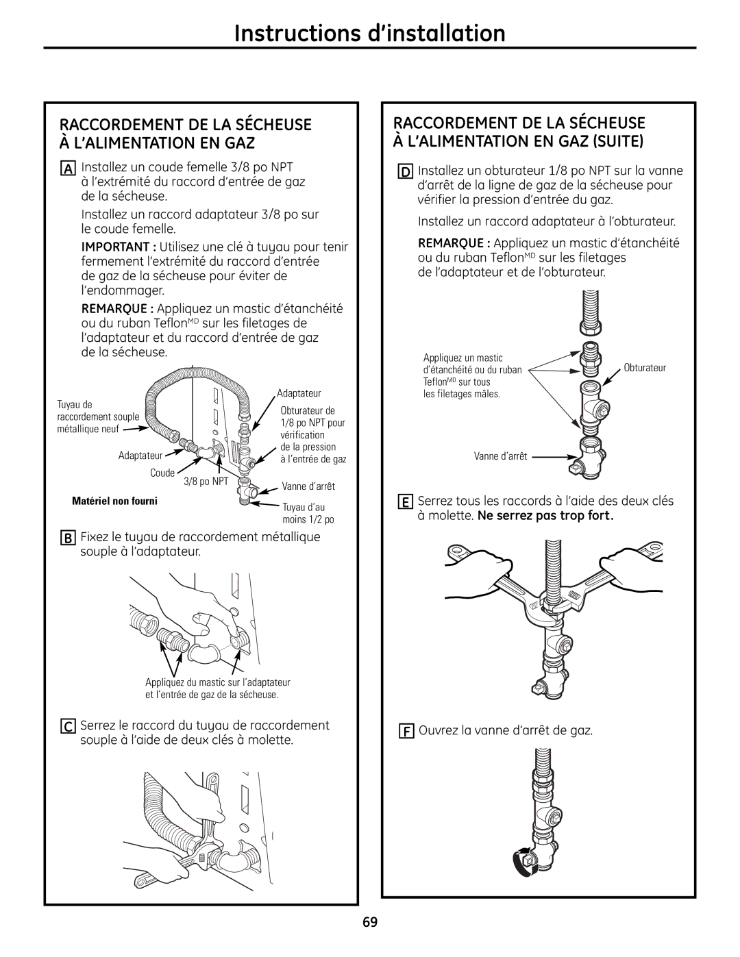 GE UPVH890 installation instructions Raccordement DE LA Sécheuse À L’ALIMENTATION EN GAZ Suite 