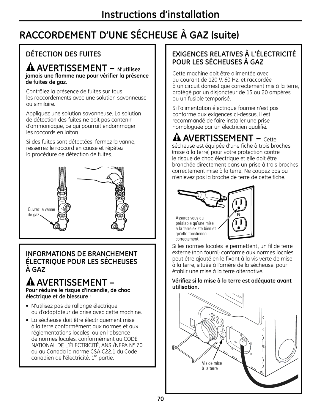 GE UPVH890 installation instructions Détection DES Fuites, Exigences Relatives À L’ÉLECTRICITÉ Pour LES Sécheuses À GAZ 