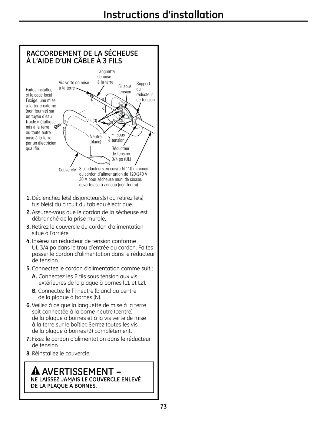 GE UPVH890 installation instructions Raccordement DE LA Sécheuse À L’AIDE D’UN Câble À 3 Fils 