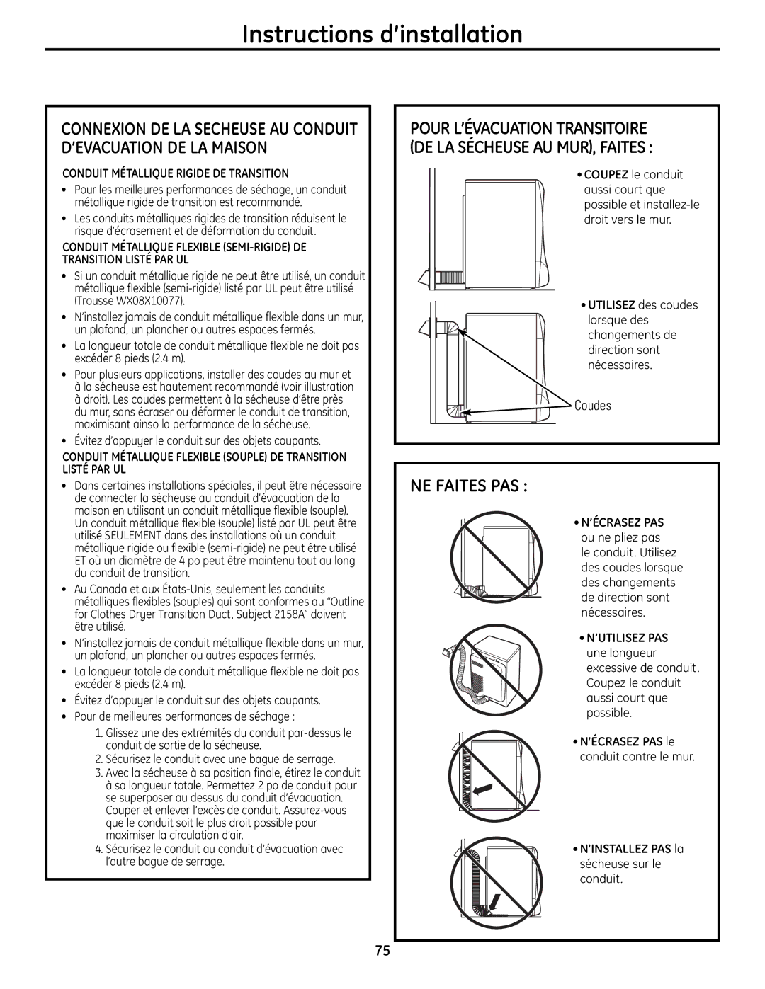 GE UPVH890 installation instructions NE Faites PAS, Conduit Métallique Rigide DE Transition 