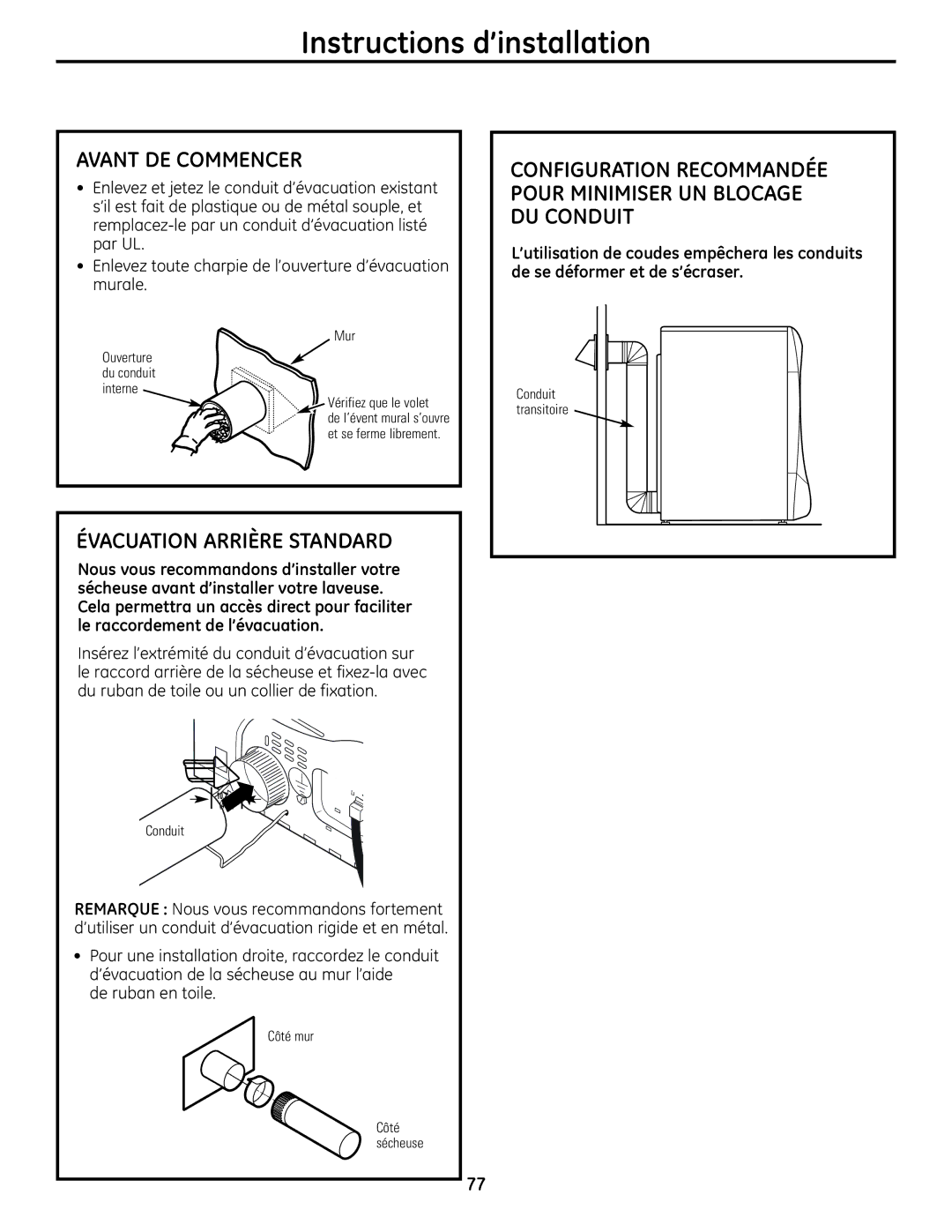 GE UPVH890 installation instructions Avant DE Commencer, Évacuation Arrière Standard 