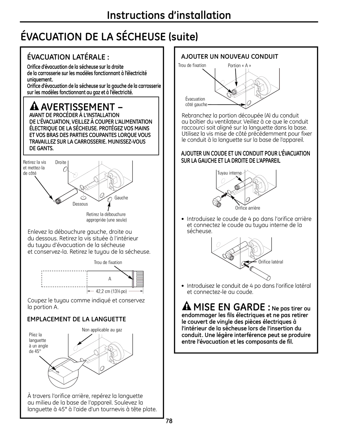 GE UPVH890 installation instructions Évacuation Latérale, Emplacement DE LA Languette, Ajouter UN Nouveau Conduit 