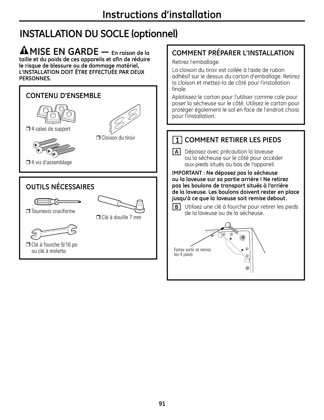 GE UPVH890 installation instructions Instructions d’installation Installation DU Socle optionnel, Contenu D’ENSEMBLE 