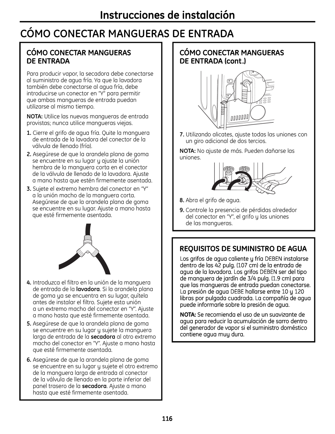 GE UPVH890 Instrucciones de instalación CÓMO CONECTAR MANGUERAS DE ENTRADA, Cómo Conectar Mangueras De Entrada 