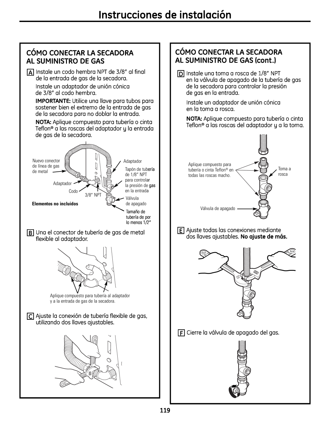 GE UPVH890 installation instructions Instrucciones de instalación, Cómo Conectar La Secadora Al Suministro De Gas 