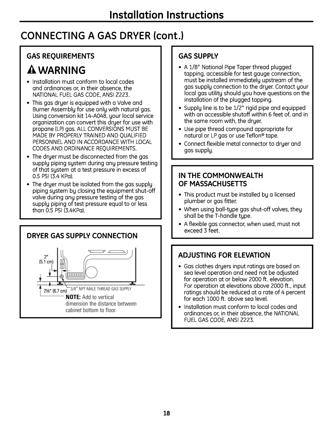 GE UPVH890 Installation Instructions CONNECTING A GAS DRYER cont, Gas Requirements, Dryer Gas Supply Connection 