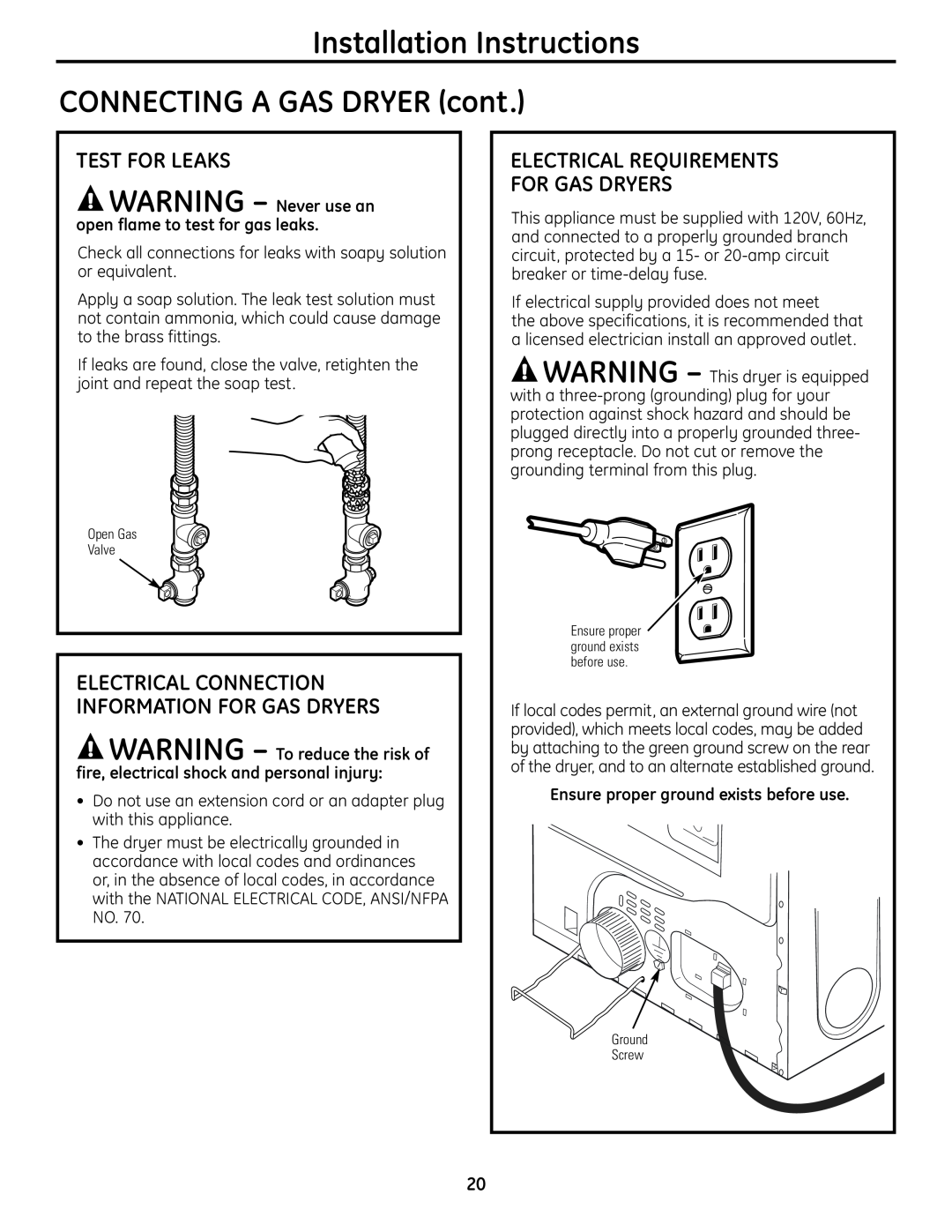 GE UPVH890 Test For Leaks, Electrical Requirements For Gas Dryers, Installation Instructions CONNECTING A GAS DRYER cont 