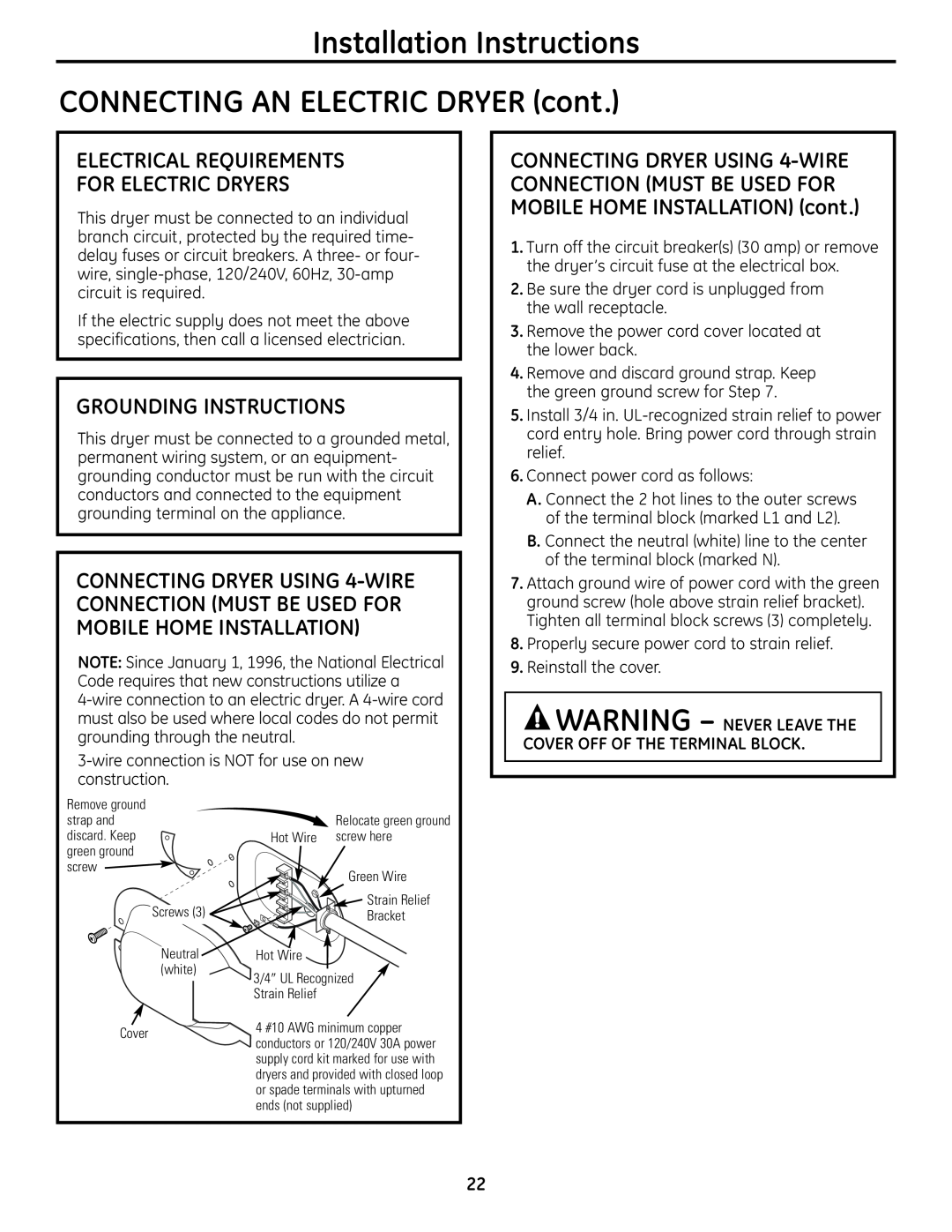 GE UPVH890 Installation Instructions CONNECTING AN ELECTRIC DRYER cont, Electrical Requirements For Electric Dryers 