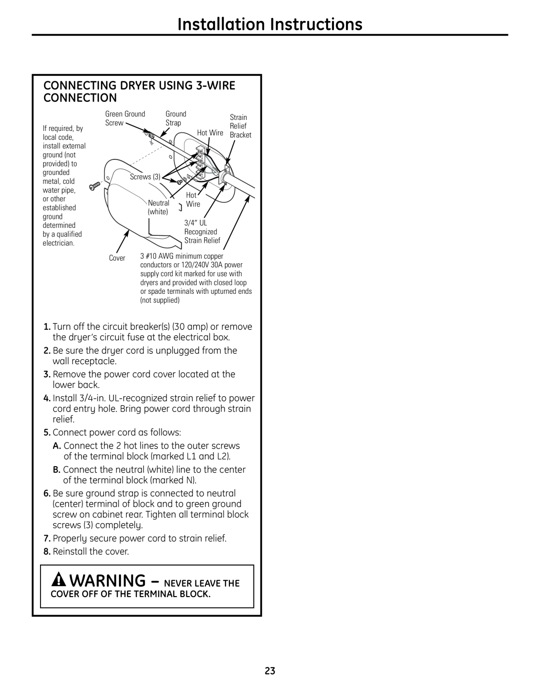 GE UPVH890 installation instructions CONNECTING DRYER USING 3-WIRE CONNECTION, Installation Instructions, Hot Wire Bracket 