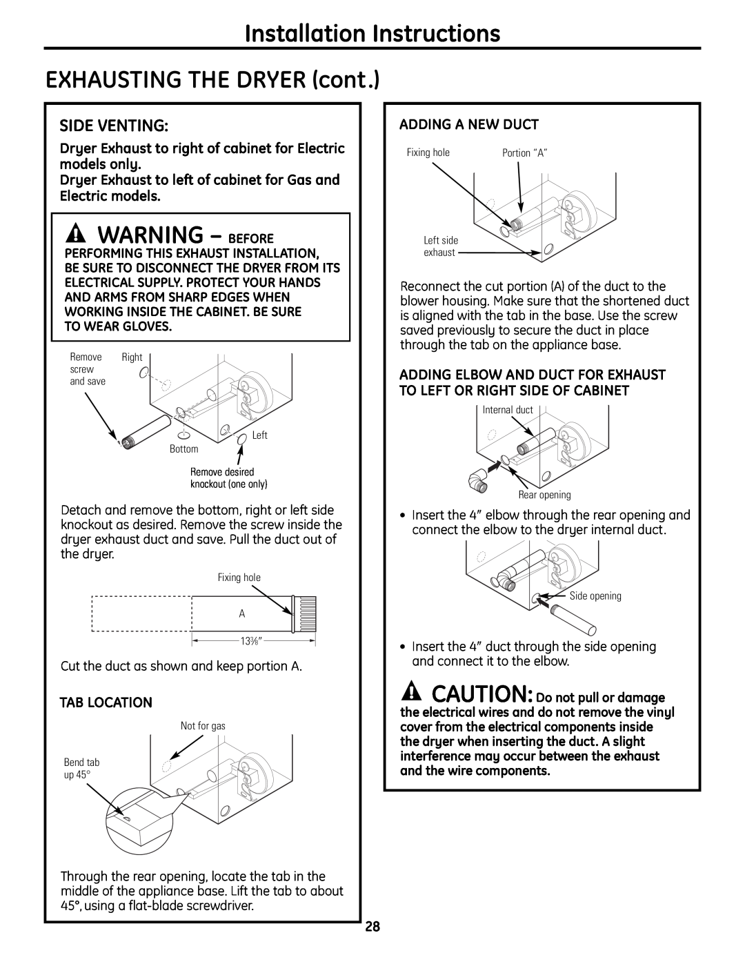 GE UPVH890 Installation Instructions EXHAUSTING THE DRYER cont, Warning - Before, Side Venting, Tab Location 