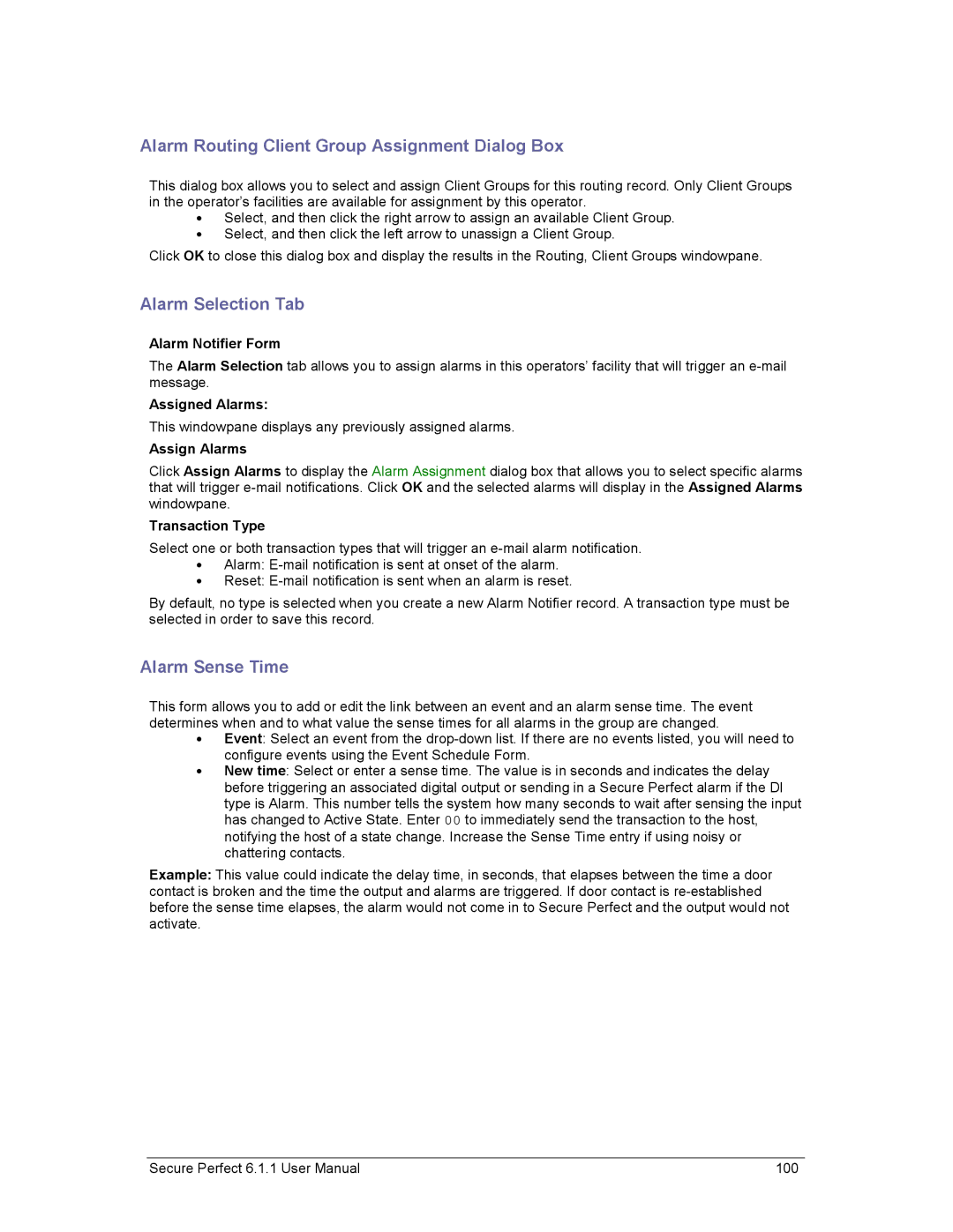 GE v6 user manual Alarm Routing Client Group Assignment Dialog Box, Alarm Selection Tab, Alarm Sense Time 