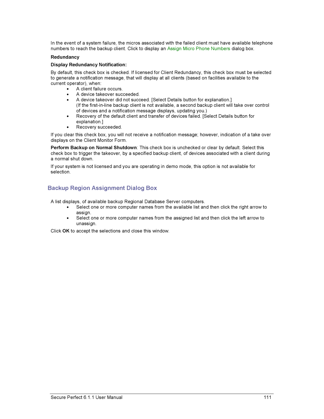 GE v6 user manual Backup Region Assignment Dialog Box, Redundancy Display Redundancy Notification 