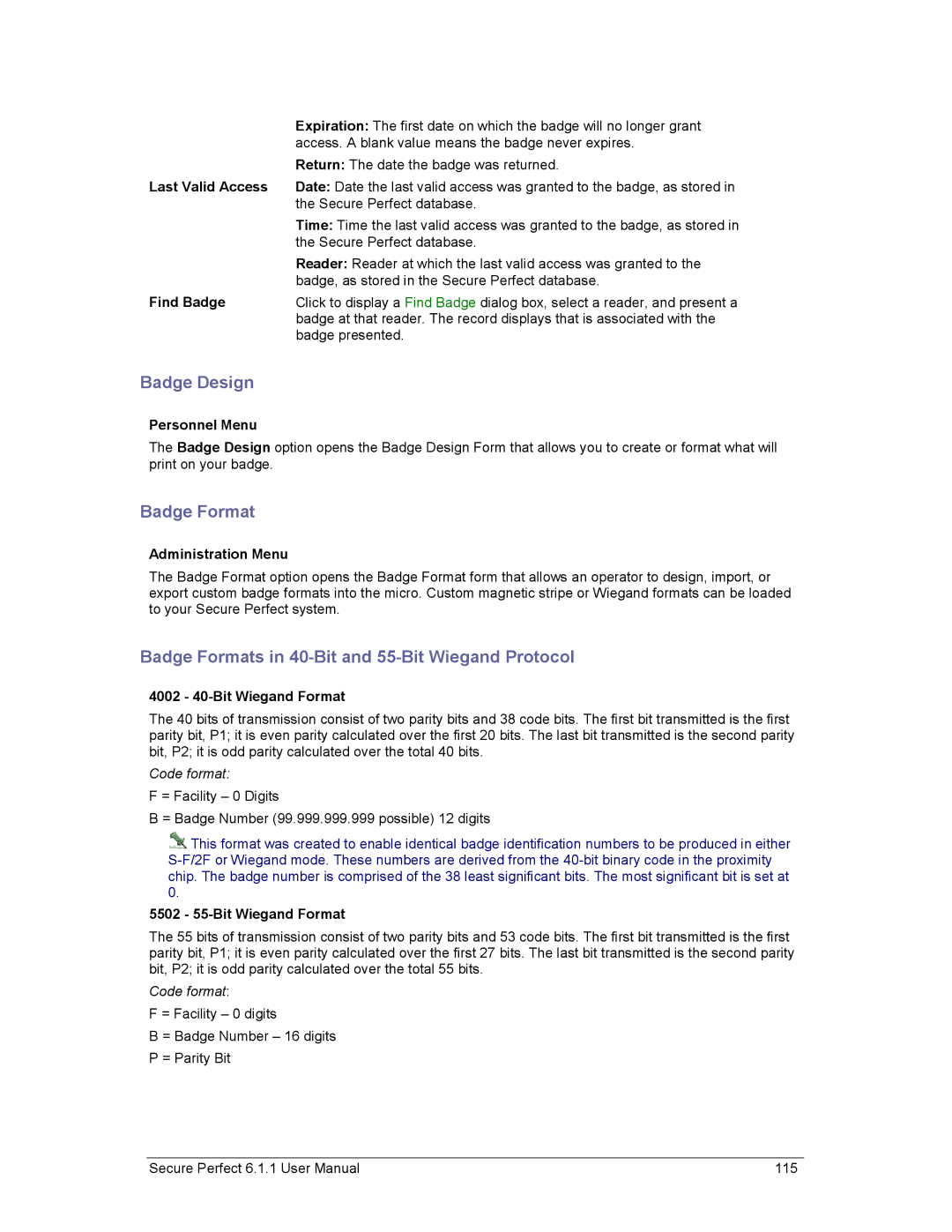 GE v6 user manual Badge Design, Badge Formats in 40-Bit and 55-Bit Wiegand Protocol 