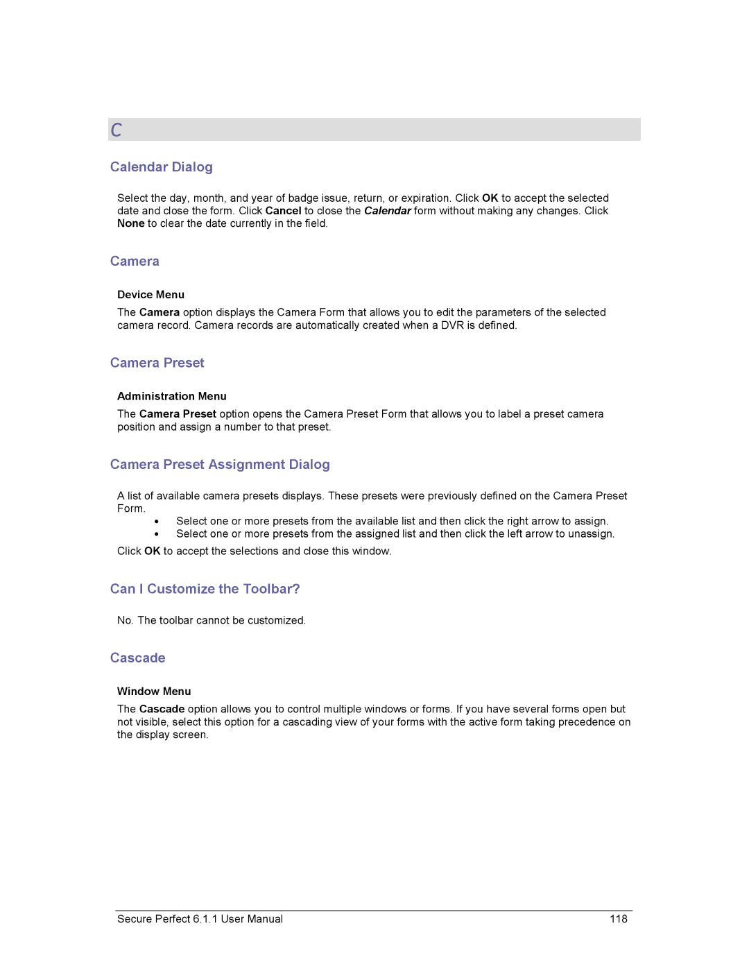 GE v6 user manual Calendar Dialog, Camera Preset Assignment Dialog, Can I Customize the Toolbar?, Cascade 