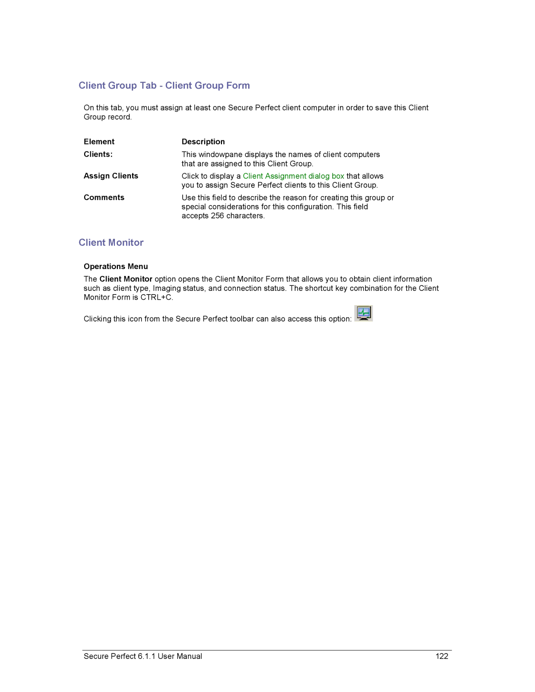 GE v6 user manual Client Group Tab Client Group Form, Client Monitor, Element Description Clients, Assign Clients 