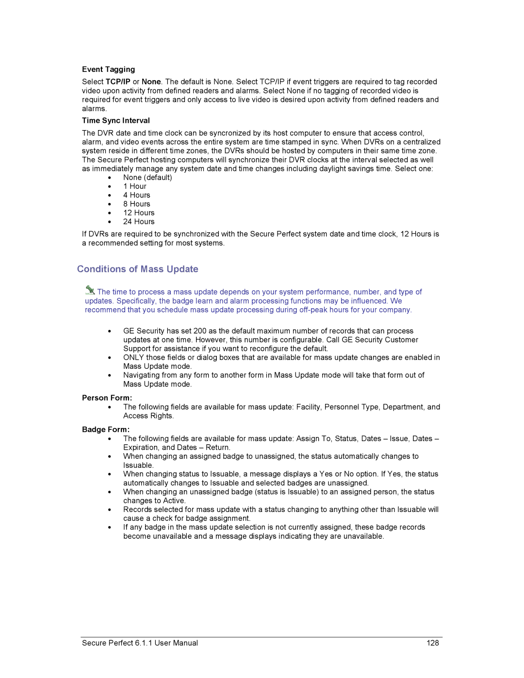 GE v6 user manual Conditions of Mass Update, Event Tagging, Time Sync Interval 