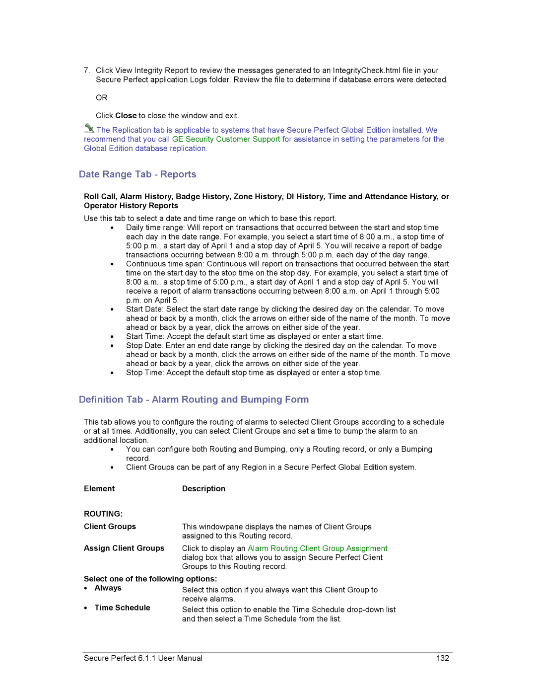 GE v6 user manual Date Range Tab Reports, Definition Tab Alarm Routing and Bumping Form 