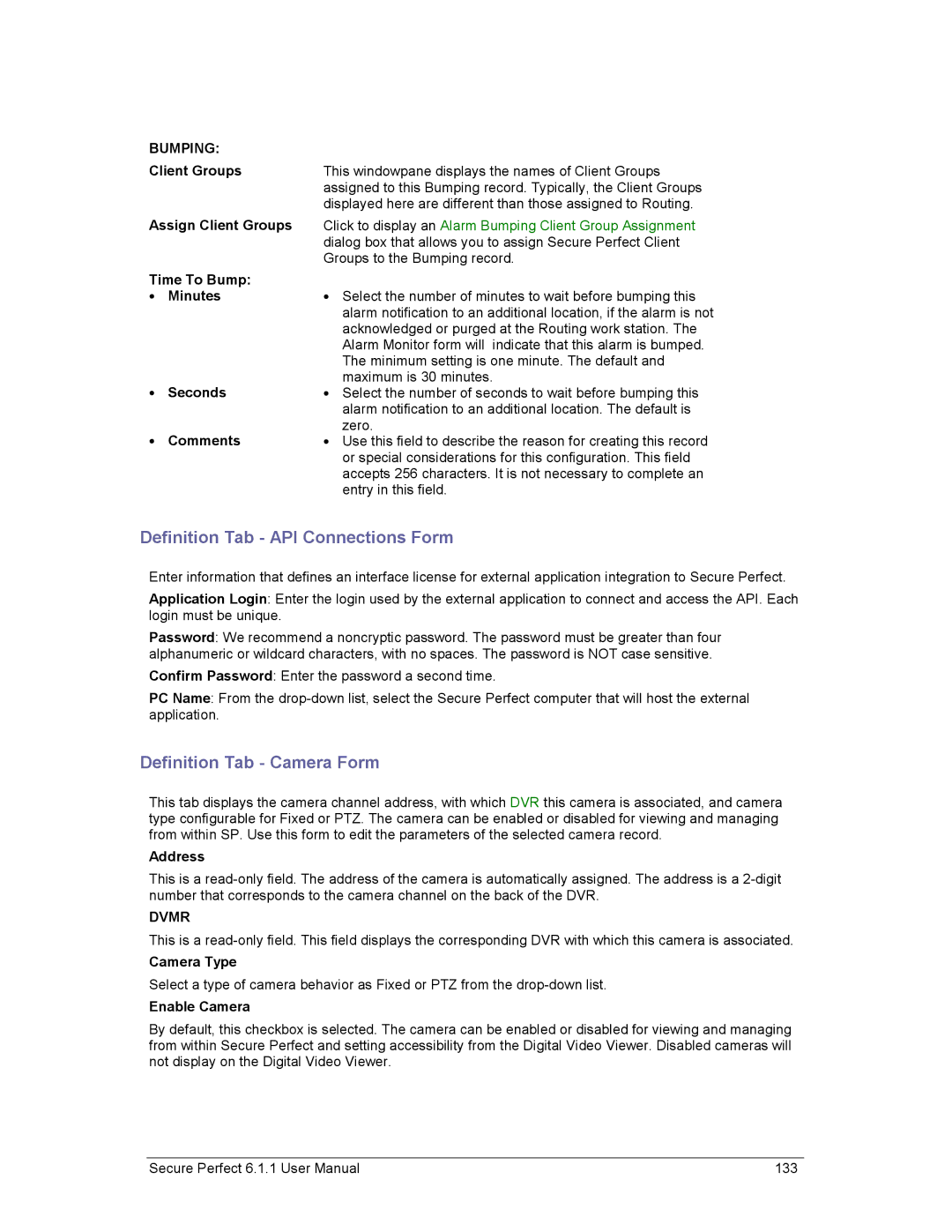 GE v6 user manual Definition Tab API Connections Form, Definition Tab Camera Form 