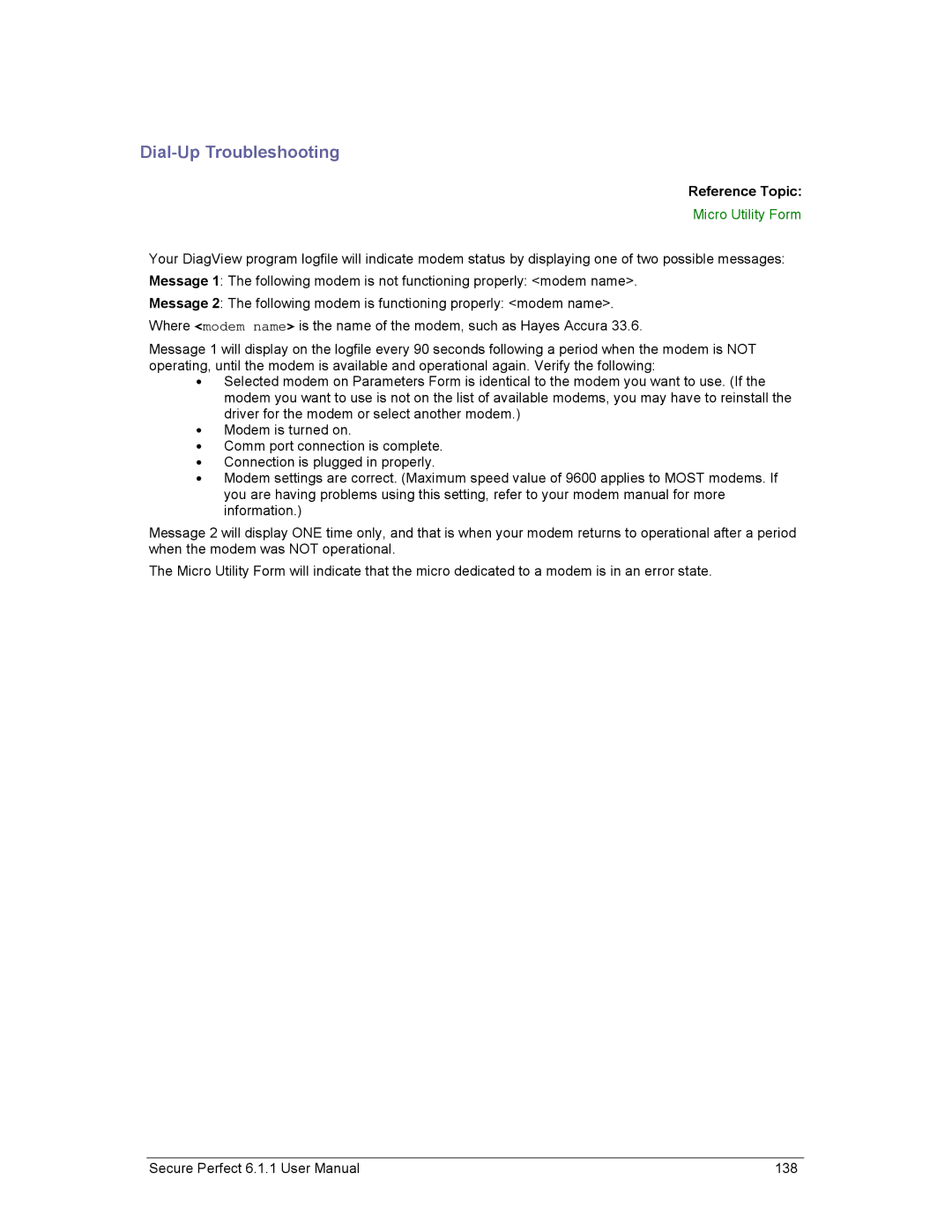 GE v6 user manual Dial-Up Troubleshooting, Micro Utility Form 