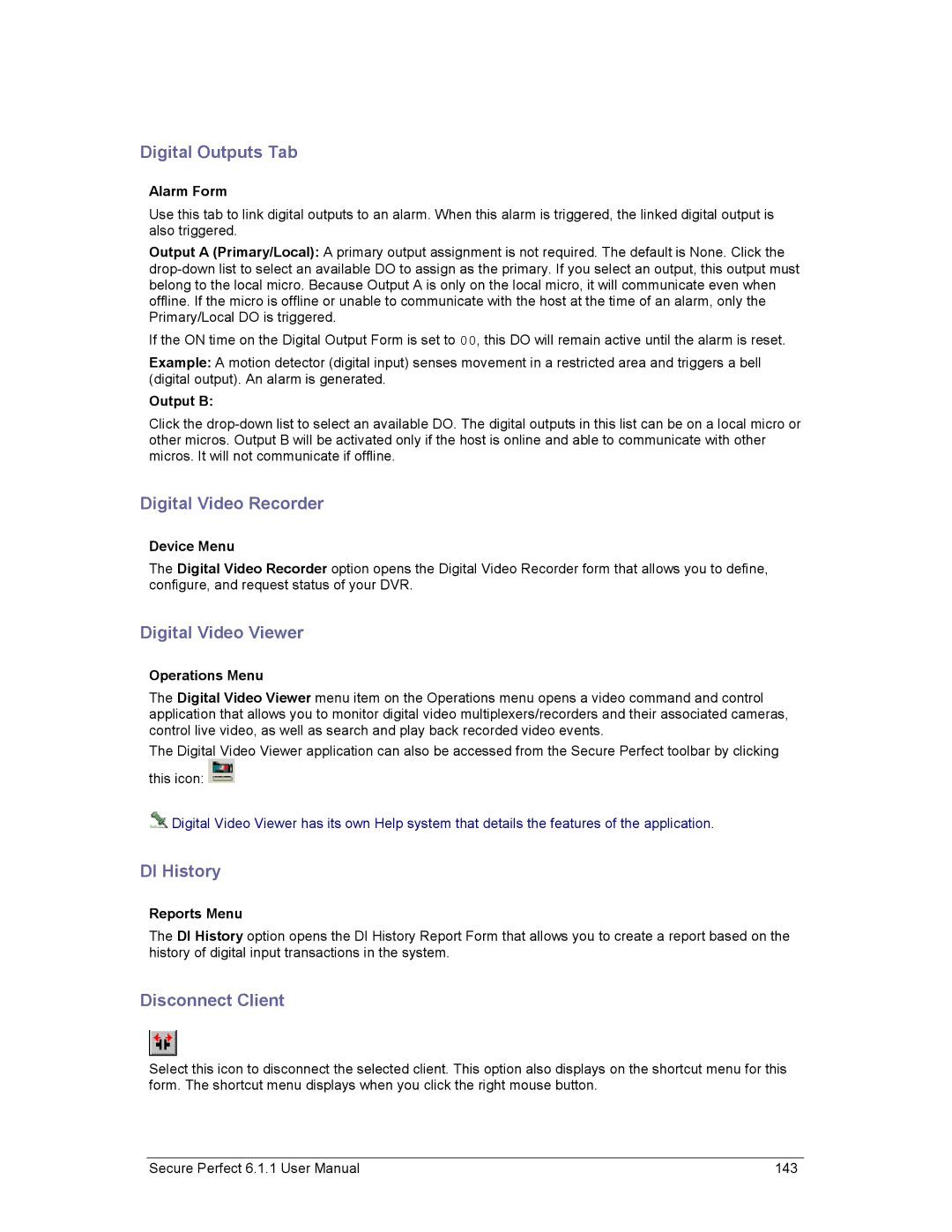 GE v6 user manual Digital Outputs Tab, Digital Video Recorder, Digital Video Viewer, DI History, Disconnect Client 