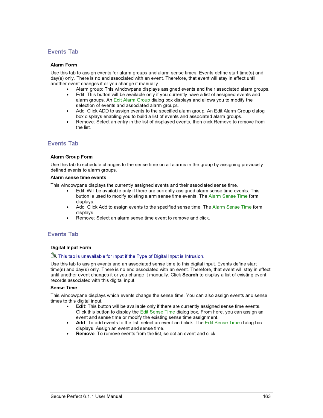 GE v6 user manual Events Tab, Alarm sense time events 