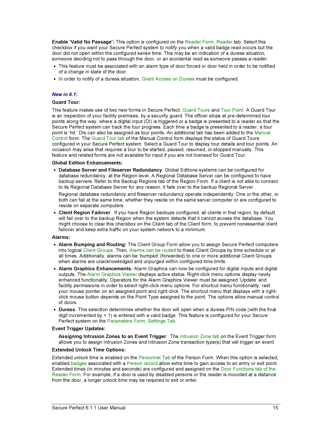 GE v6 user manual Guard Tour, Global Edition Enhancements, Alarms, Event Trigger Updates, Extended Unlock Time Options 