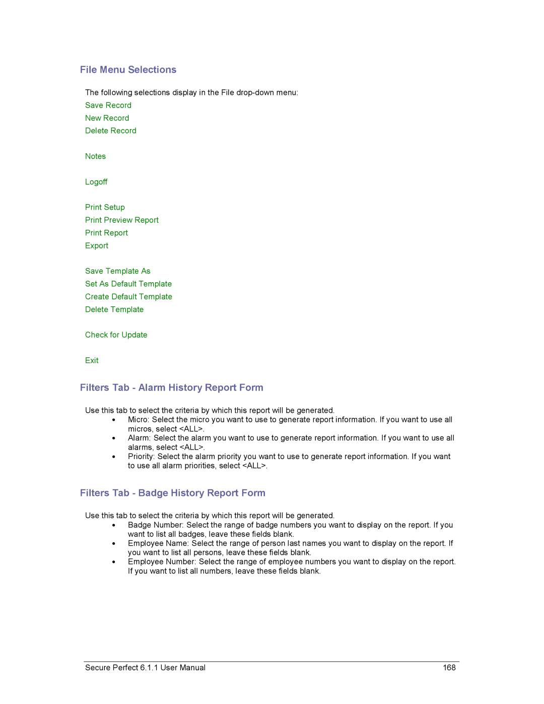 GE v6 user manual File Menu Selections, Filters Tab Alarm History Report Form, Filters Tab Badge History Report Form 