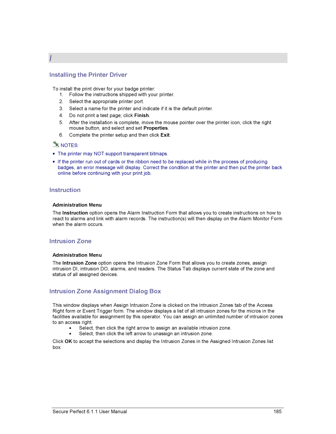 GE v6 user manual Installing the Printer Driver, Instruction, Intrusion Zone Assignment Dialog Box 