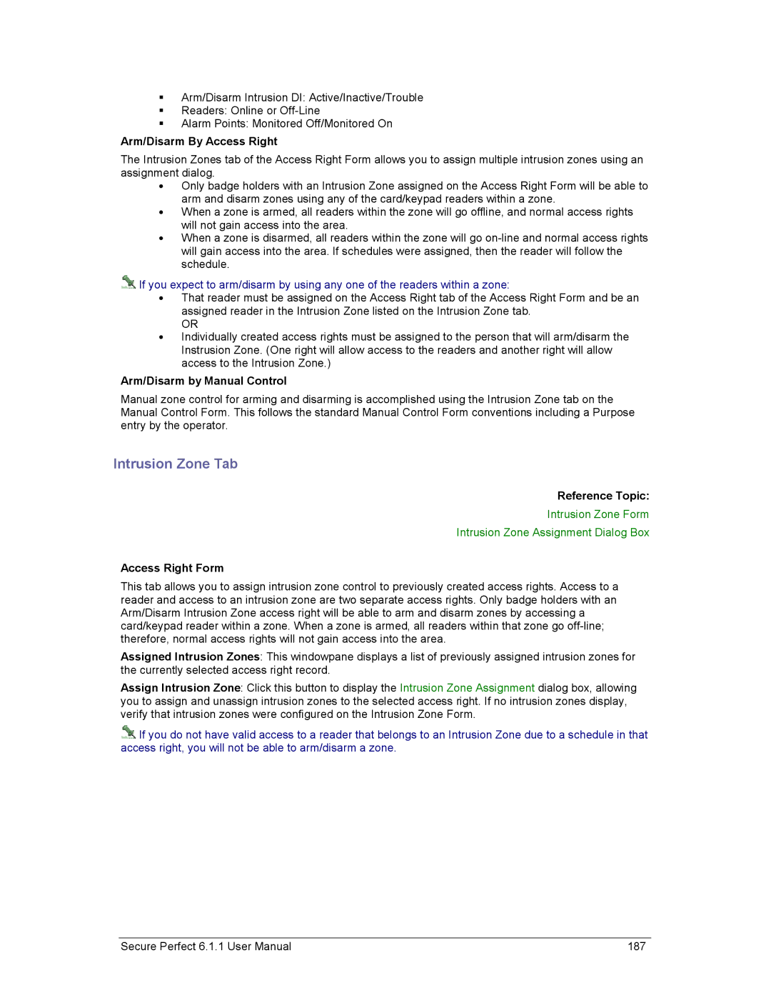 GE v6 user manual Intrusion Zone Tab, Arm/Disarm By Access Right, Arm/Disarm by Manual Control 