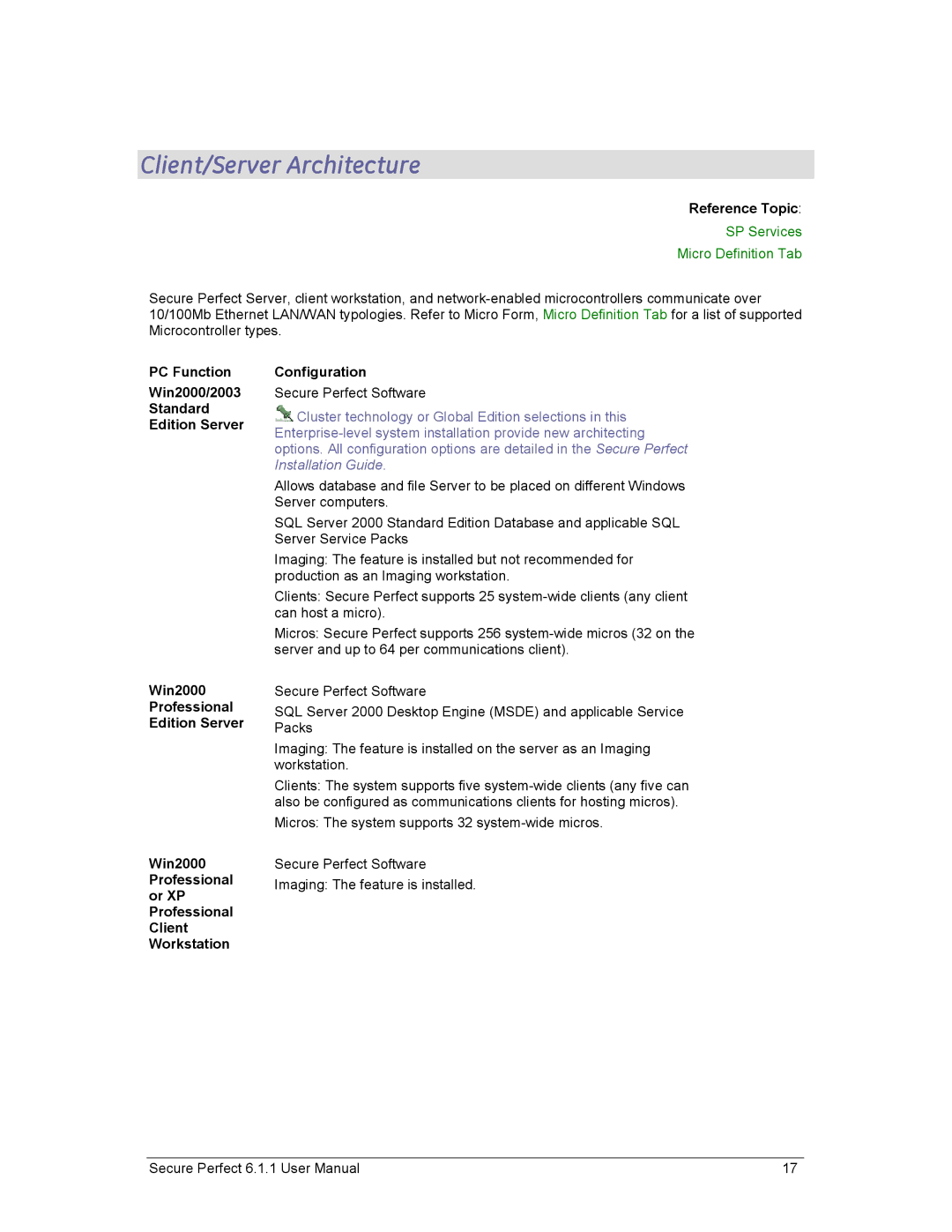 GE v6 user manual Client/Server Architecture, Reference Topic, SP Services Micro Definition Tab 