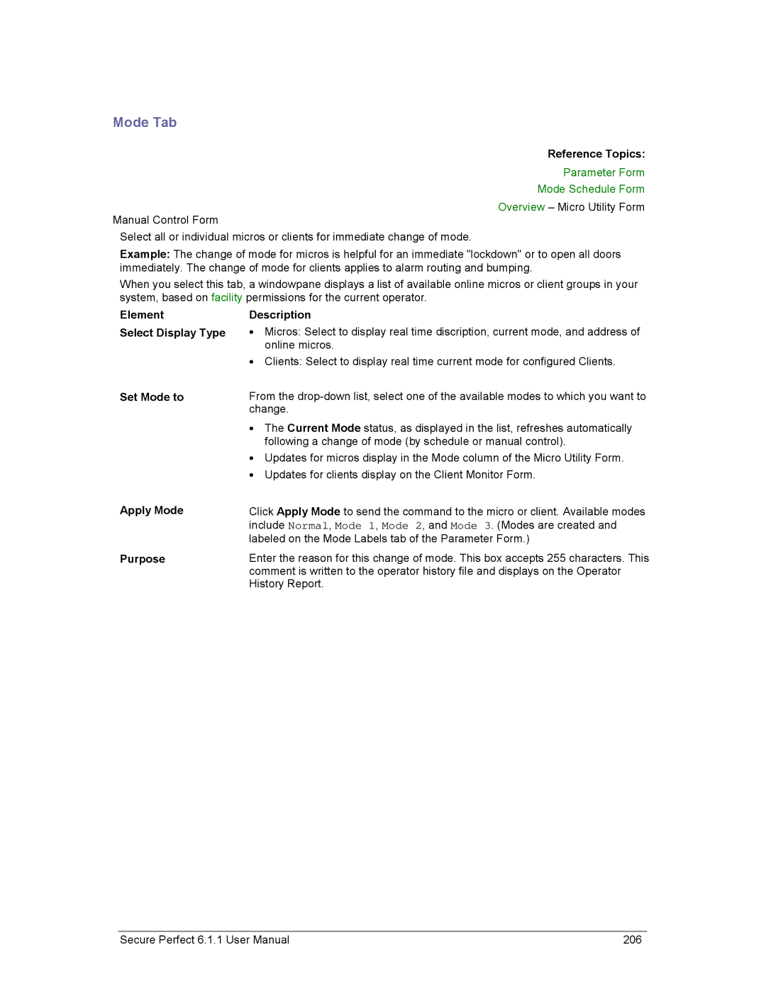 GE v6 user manual Mode Tab, Parameter Form Mode Schedule Form, Element Description Select Display Type, Online micros 