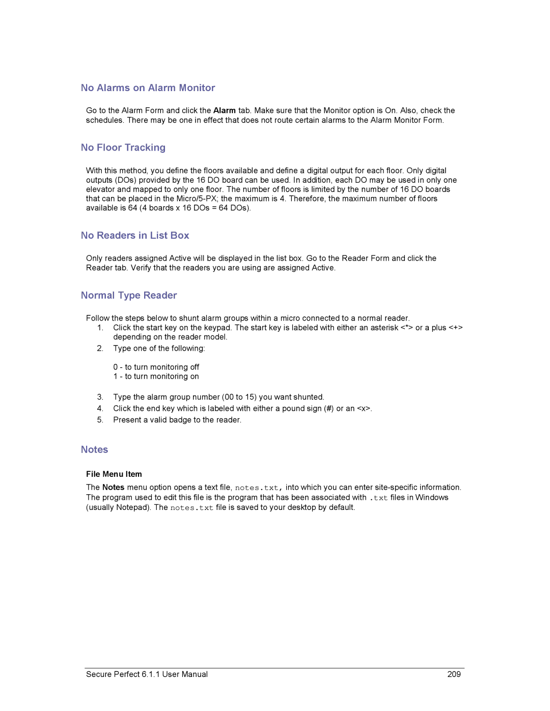 GE v6 user manual No Alarms on Alarm Monitor, No Floor Tracking, No Readers in List Box, Normal Type Reader 