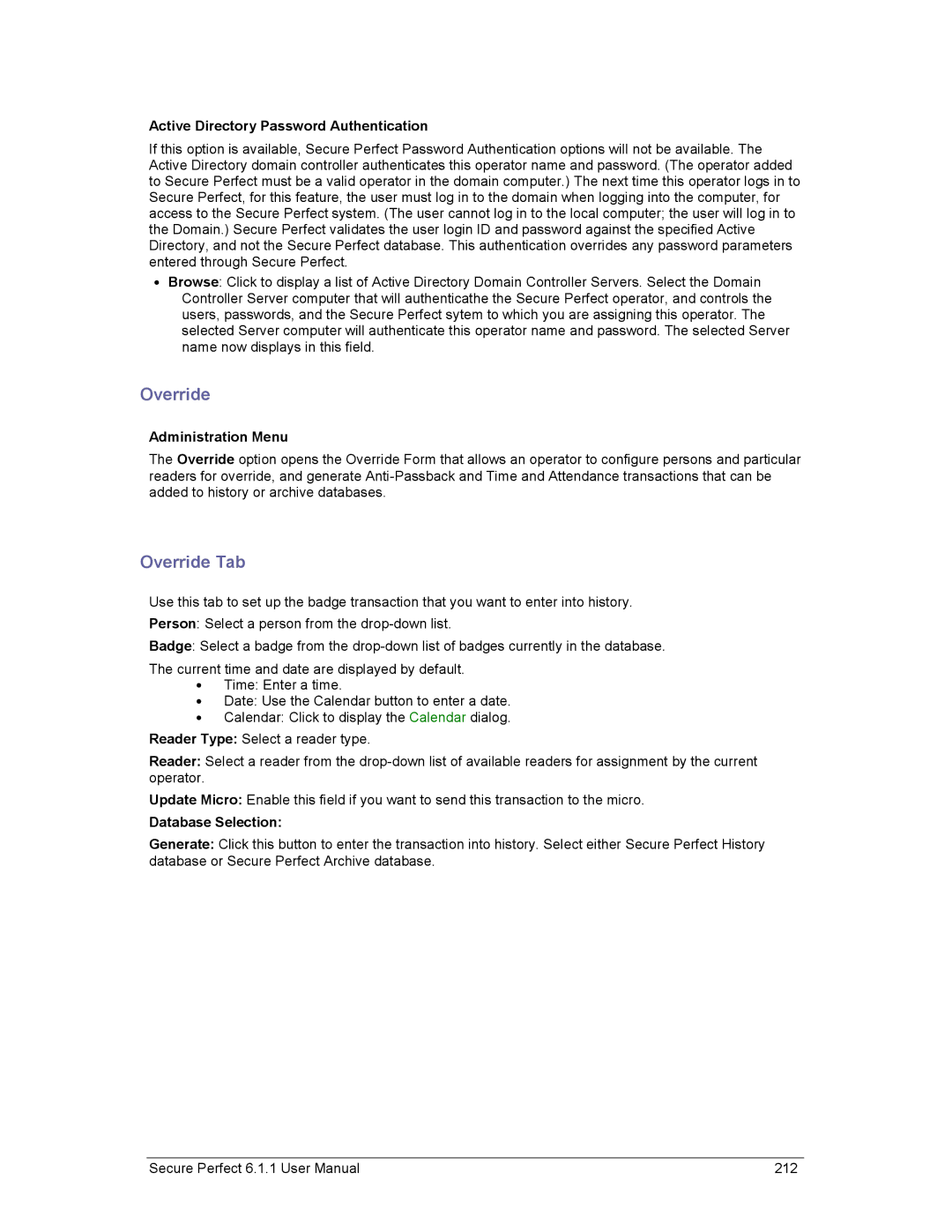 GE v6 user manual Override Tab, Active Directory Password Authentication, Database Selection 